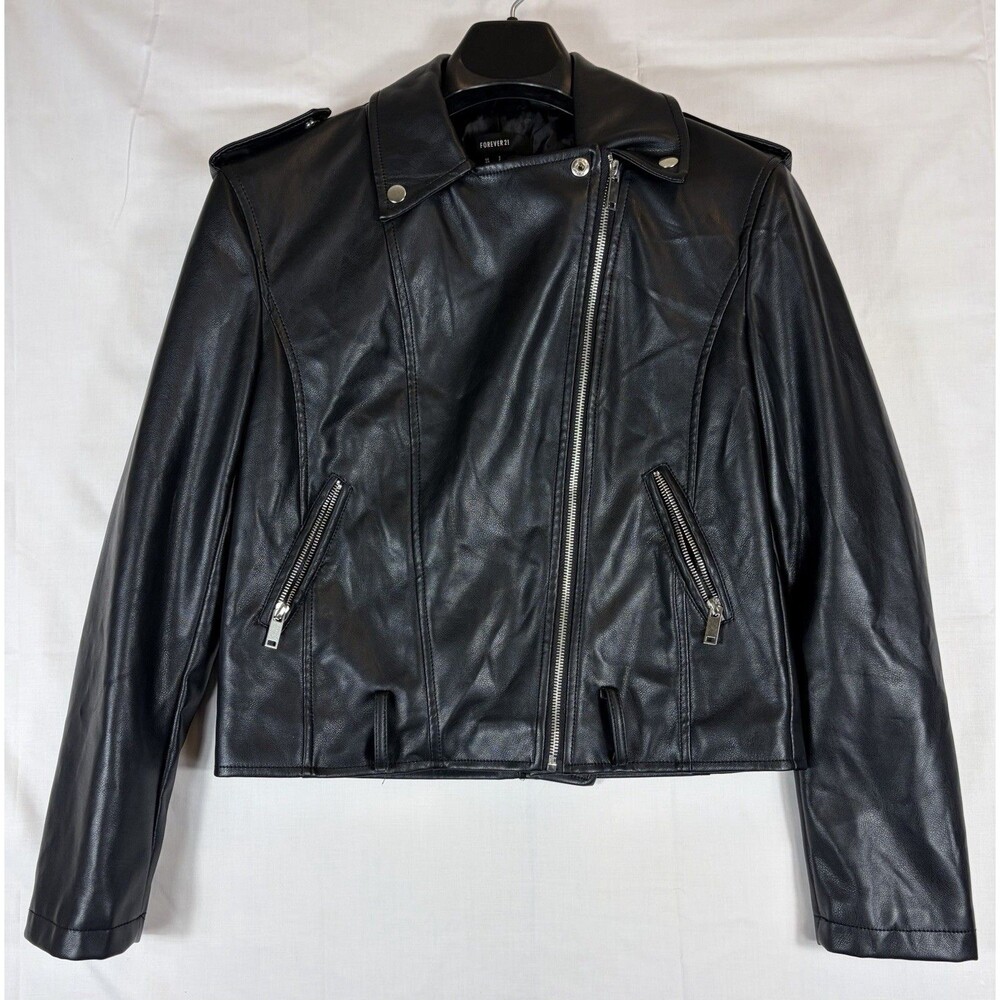 Forever 21 Ladies Jacket Faux Leather Angle Zip Black Women’s Small Moto Biker